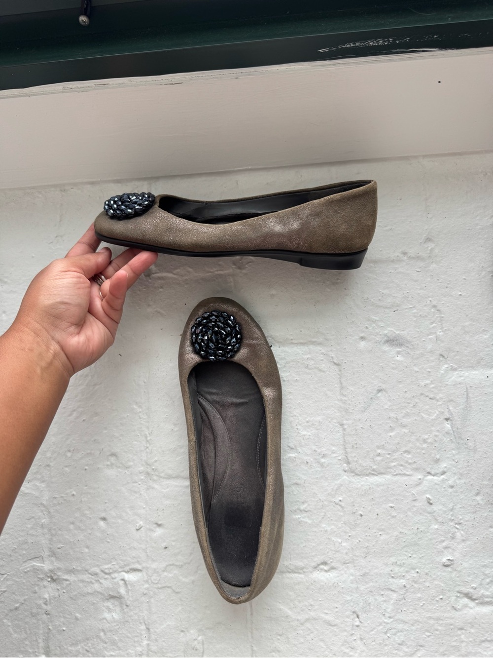 Marc Fisher Taupe Ballet Flats with Black Beaded Accent